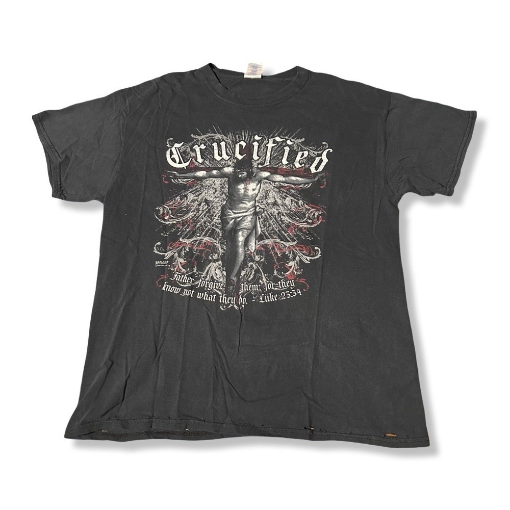 Vintage Jesus Crucified Cross Y2K Black T-shirt Tagged Men's Size Large